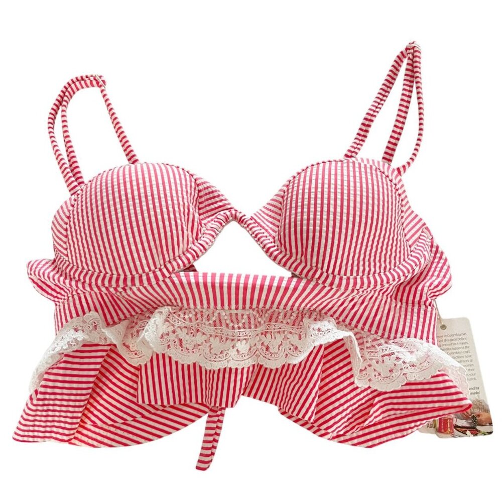 NEW Agua Bendita Seersucker & Lace Trim‎ Bikini Top Wired Padded - Size Medium